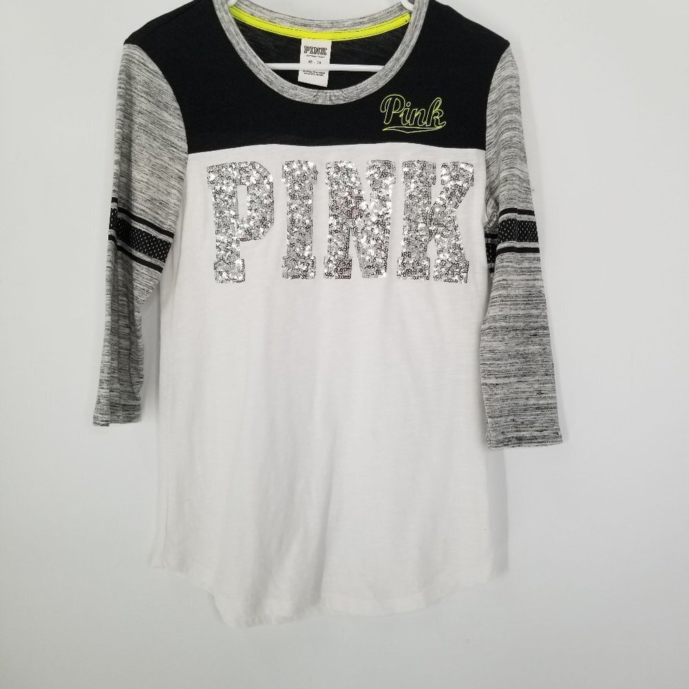 Victoria's Secret PINK Women's Black & White Sequin Graphic Tee Shirt Si…